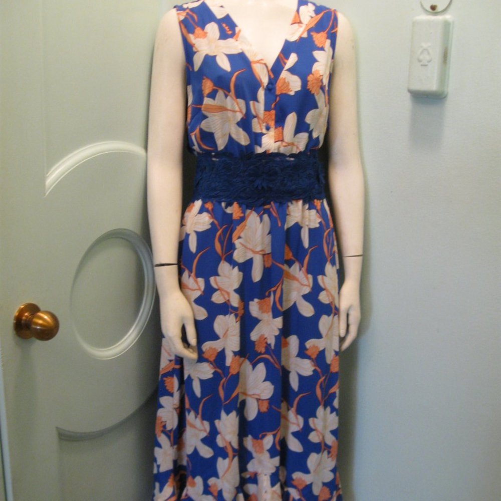 Collective Concepts XL Royal Blue Floral Belted Sleeveless Dress with Wide Lace